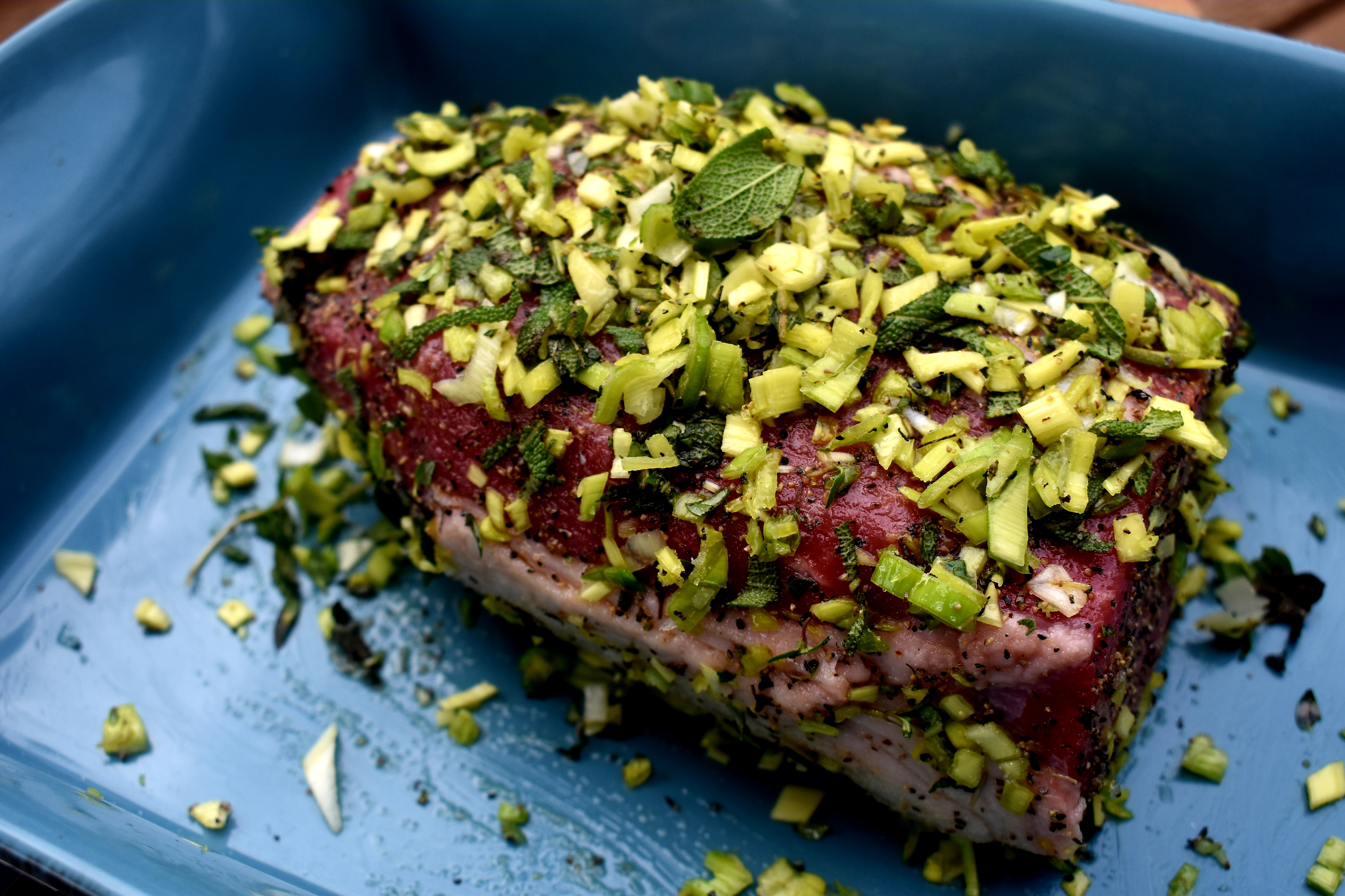 Herb crusted eye of round roast is tender inside and packed with a flavorful crust outside