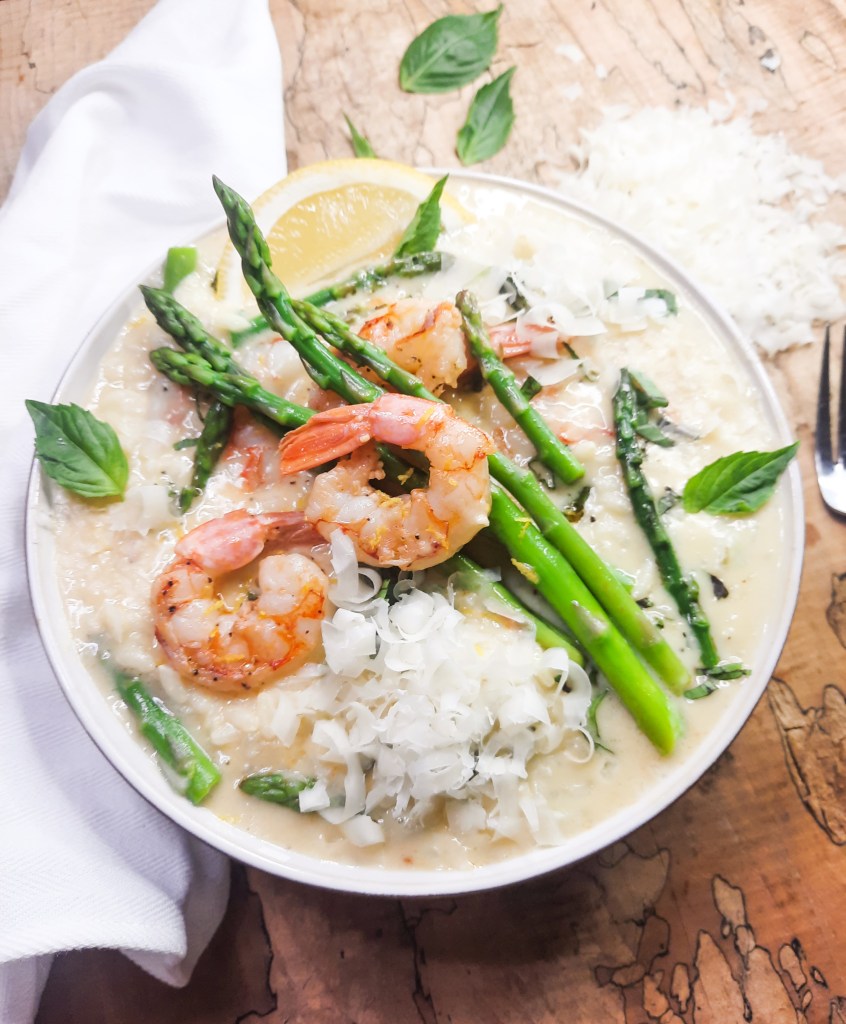 Creamy Shrimp and Asparagus Risotto is easy to make with Arborio rice, sautéed shallot, white wine and simmered broth.