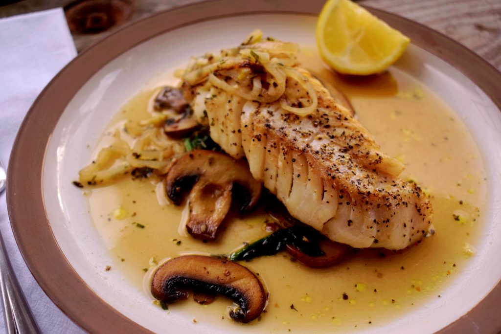 Roasted Cod with spinach and mushrooms