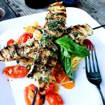 Quick & Easy Grilled Chicken Pesto Kabobs pair perfectly with summery blistered tomato spaghetti.