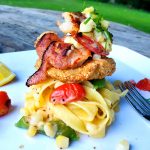 Cajun Carbonara piled high with fried green tomato and bacon wrapped shrimp