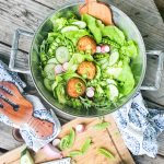 Lightly fried goat cheese medallions sit ever so delicately on this inviting summer salad with fresh, seasonal greens layered with cucumber, radish and garden peas.