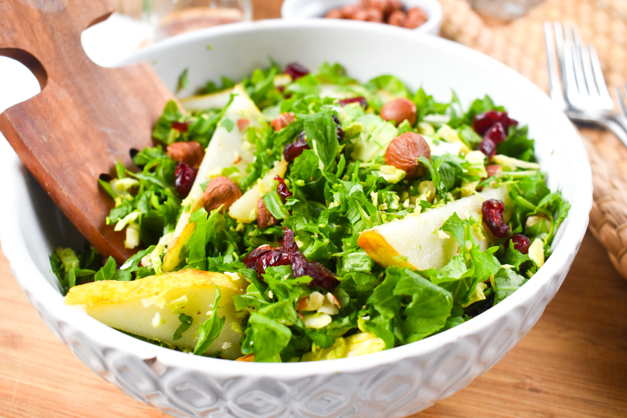 Crunchy Oregon hazelnuts, sweet Washington cranberries and Beecher's Flagship cheese tossed together with pear, Brussels spouts and kale.