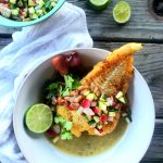 Cod fillet lightly dusted in cornmeal, pan fried with black eyed peas in a tomatillo broth.