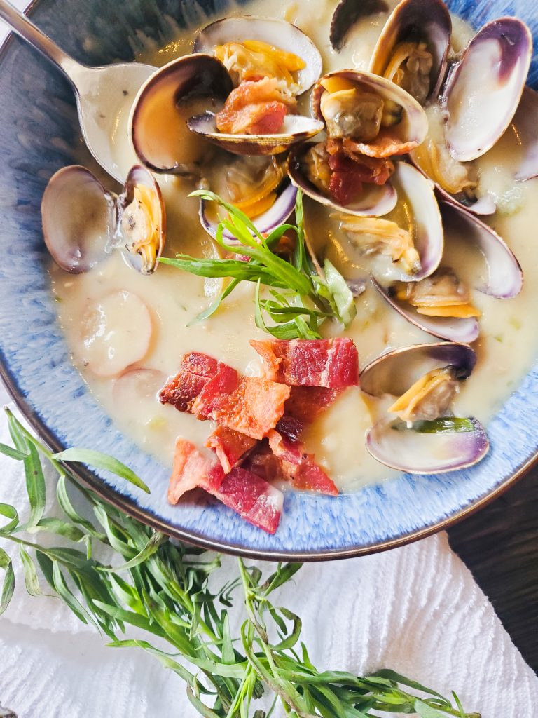 This rustic, Farm Style Clam Chowder combines fresh manila clams, sliced baby potatoes, a splash of sherry, cream, tarragon and smoky bacon.