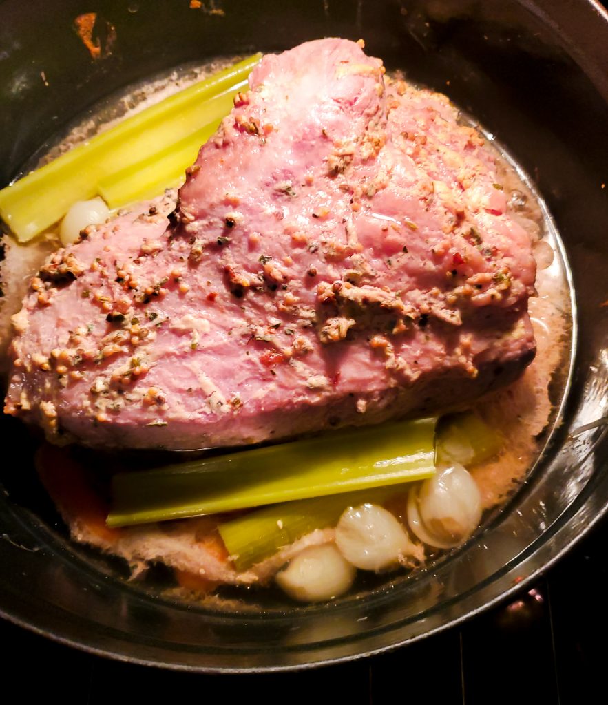 Oven Roasted Corned Beef with Cabbage and Bacon on the Side