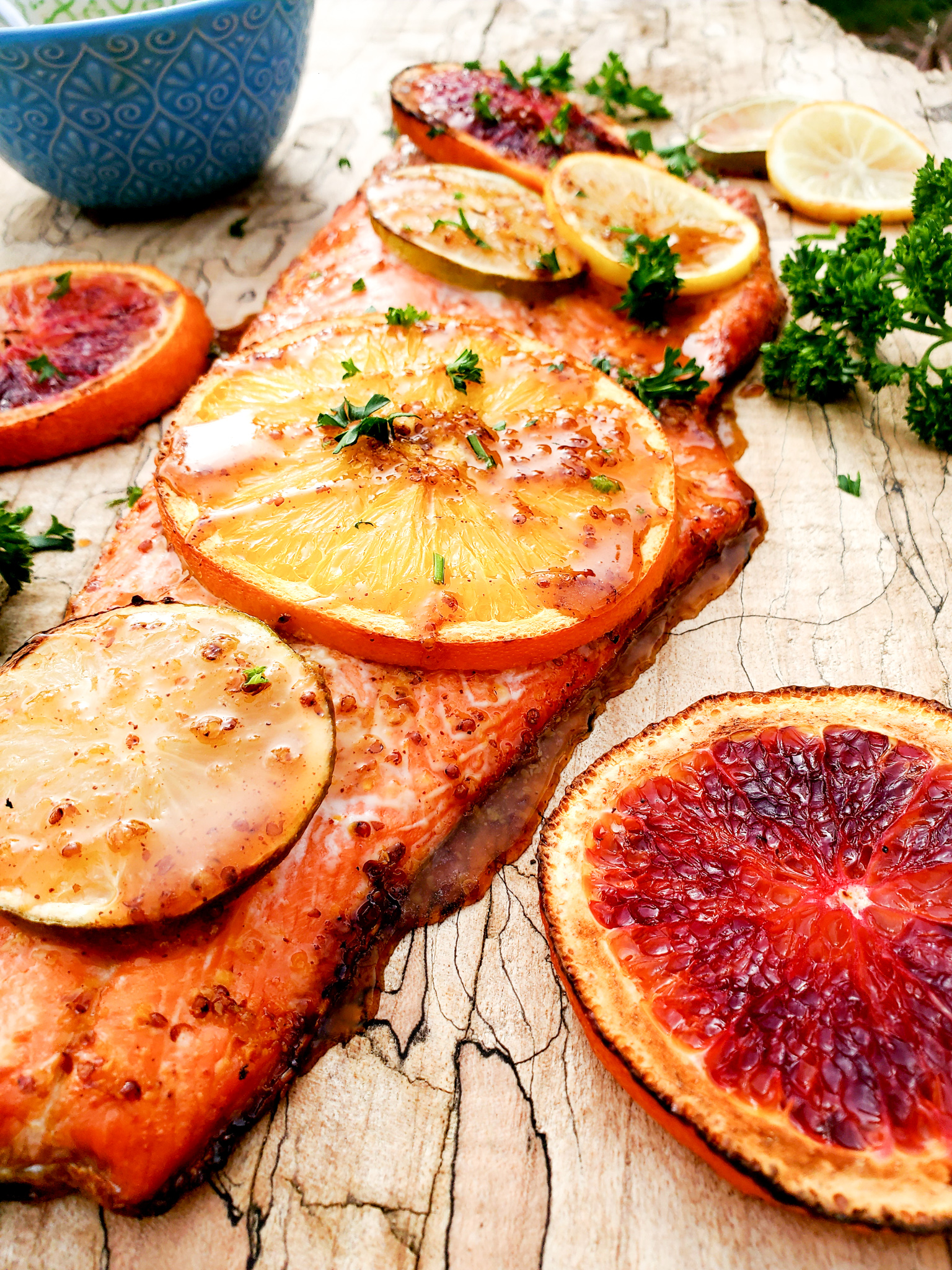 A variety of citrus, stone ground mustard, brown sugar and a pinch of cayenne create a sweet and spicy glaze for sockeye salmon