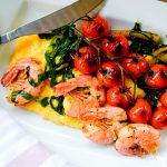 Sauteed prawns, vine tomatoes, garlic and Swiss chard