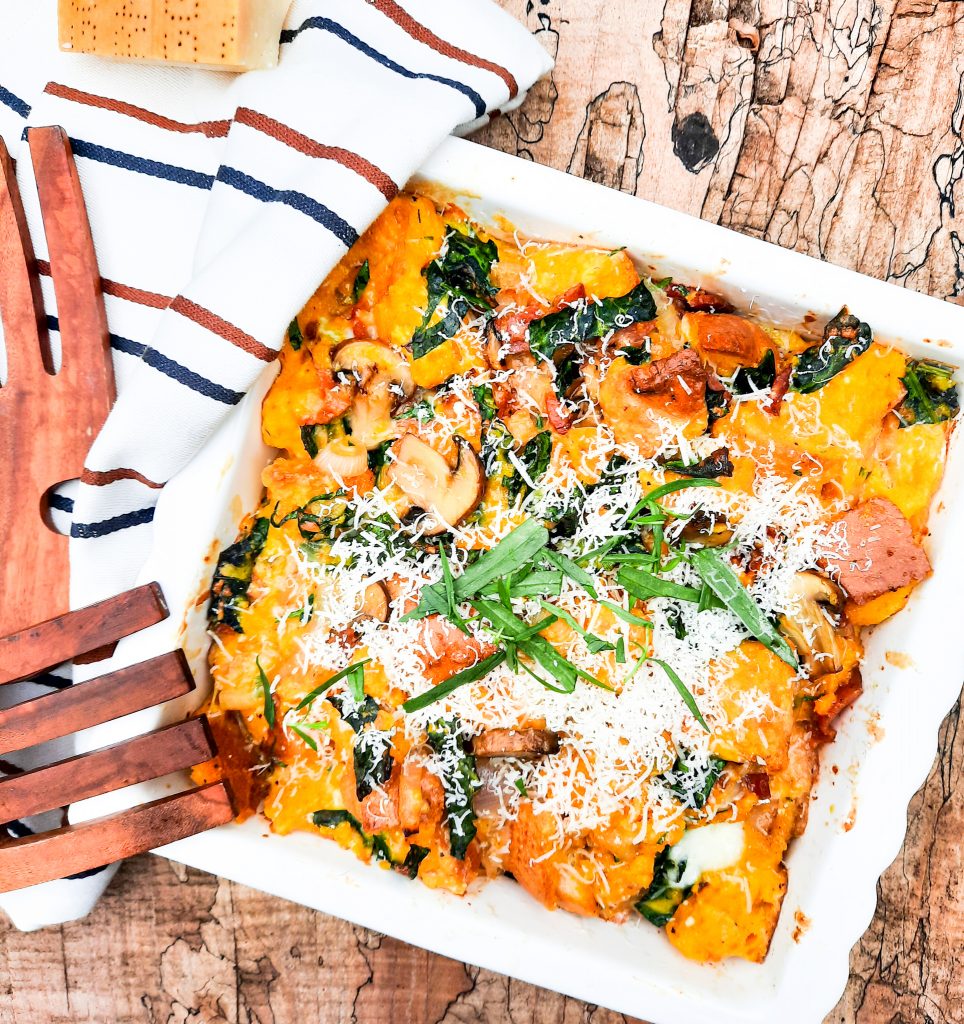 French tarragon transforms this Mushroom Tarragon Strata into an elegant breakfast dish with rustic bread, leafy kale, bacon and parmesan.