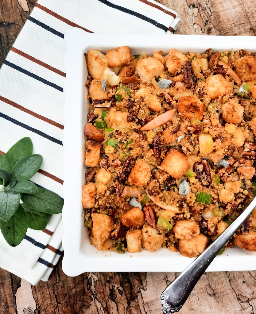 This Thanksgiving head Out West with this Chorizo Cornbread Stuffing packed full of sliced apple, pecan and celery with rustic bread cubes.