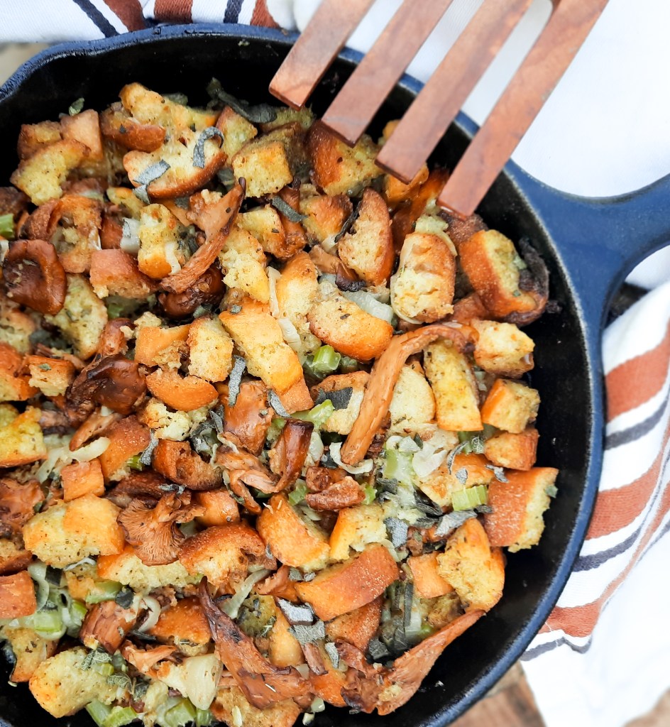 Earthy chanterelle mushrooms, sage and leeks come together with toasted bread cubes in this rustic Out West Chanterelle Sage Stuffing.
