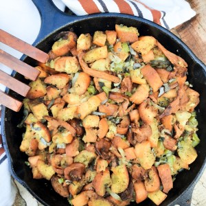 Earthy chanterelle mushrooms, sage and leeks come together with toasted bread cubes in this rustic Out West Chanterelle Sage Stuffing.