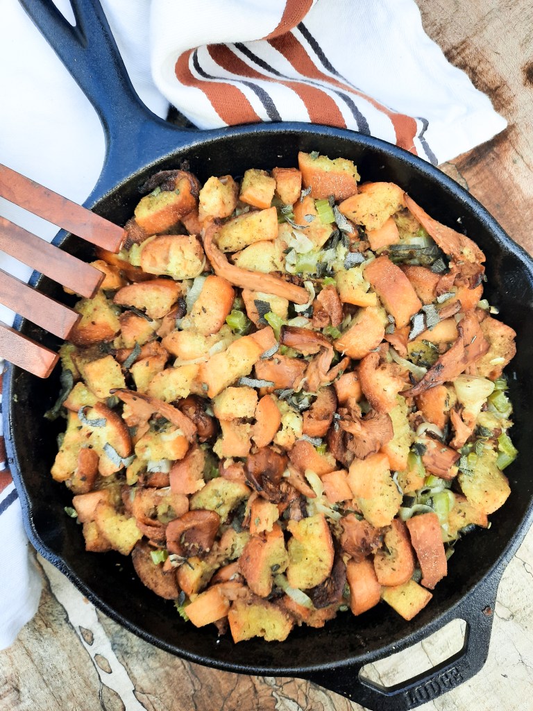 Earthy chanterelle mushrooms, sage and leeks come together with toasted bread cubes in this rustic Out West Chanterelle Sage Stuffing.