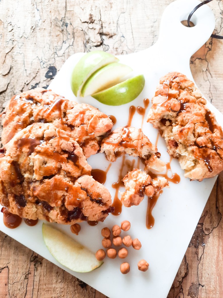 Caramel Apple Scones are packed with tart granny smith apple and caramel pieces with caramel drizzle.