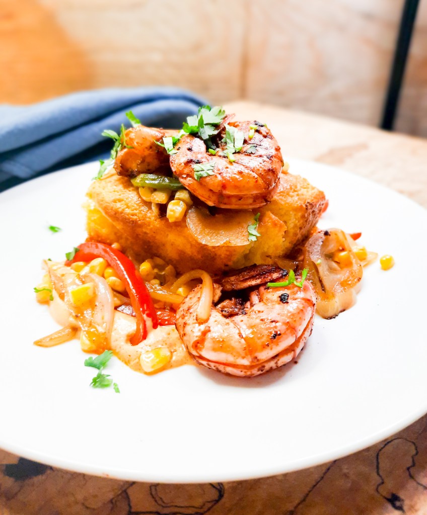 Cajun Shrimp & Corn Cake with Chipotle Cream