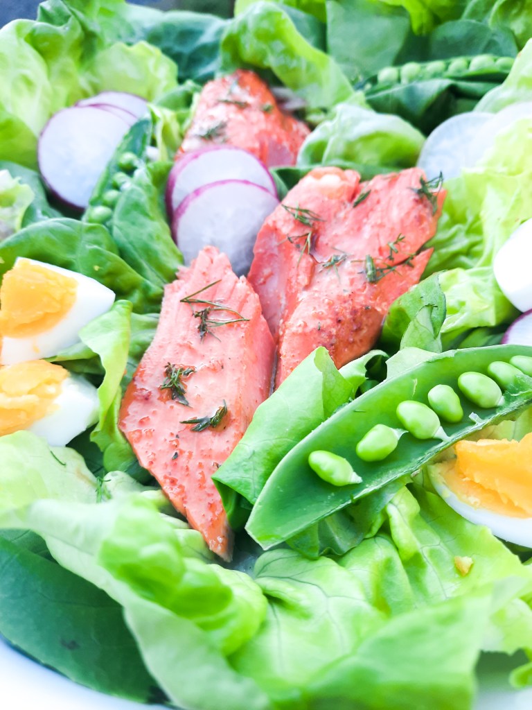 15 Minute Salmon Salad combines all the freshness of Spring vegetables with tender baked salmon in a lemon shallot vinaigrette