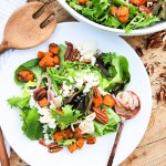 Fall Salad with Pecans, Yams and Cotija celebrates the earthiness of roasted garnet yams, toasted pecans, crumbled Cotija cheese and greens.