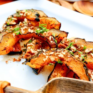 Spiced Acorn Squash roasted until tender, glazed with sweet agave, smoked paprika, chipotle and finished with toasted pecans.