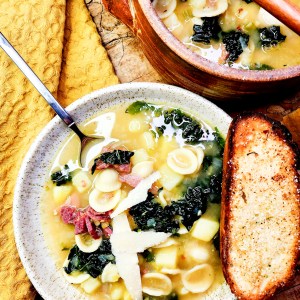 Orecchiette, Ham and Kale Soup with a flavorful bone broth, creamy diced potato, and plenty of shaved parmesan on top.