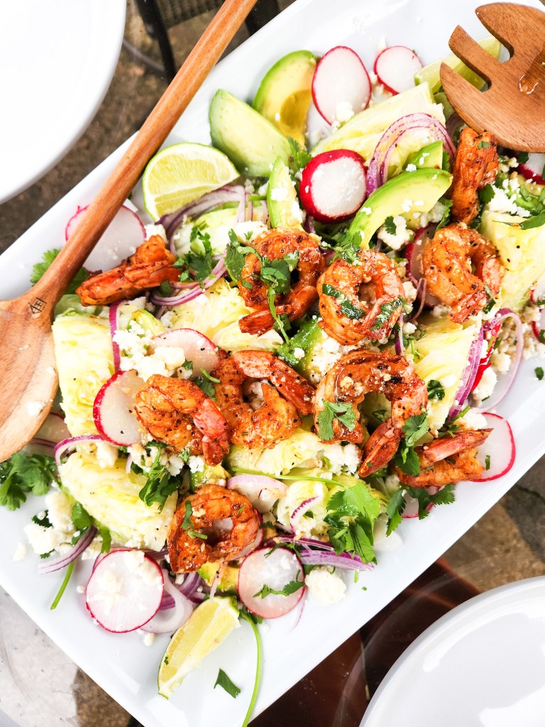 Mexican Shrimp Mini Wedge Salad is perfect for sharing layered with spicy shrimp and drizzled in agave lime vinaigrette.