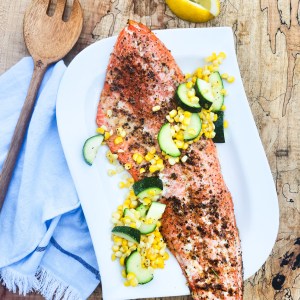 Grilled Mesquite Salmon is buttery and melt in your mouth delicious topped with lightly sauteed sweet corn and zucchini.