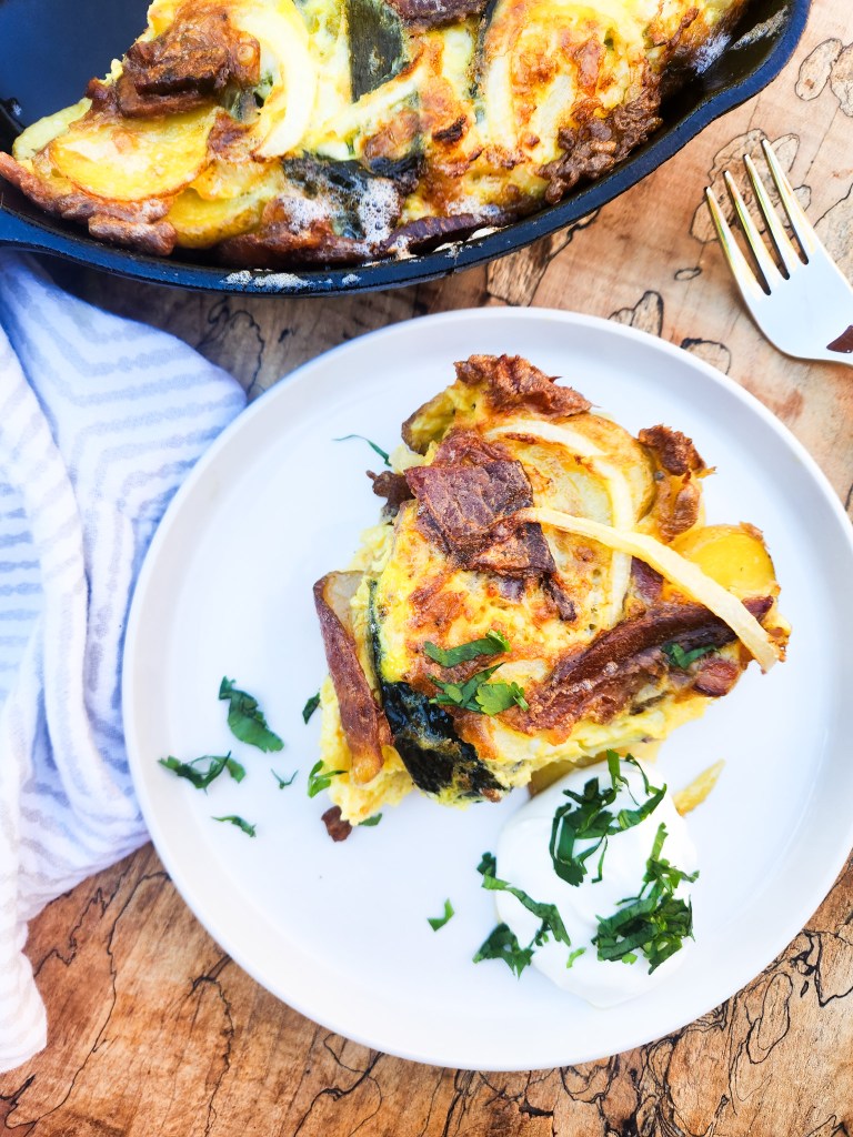 Bacon, Poblano and Potato Frittata layers thinly sliced gold potatoes, roasted poblano strips, bacon pieces and Monterrey Jack cheese with fluffy eggs.