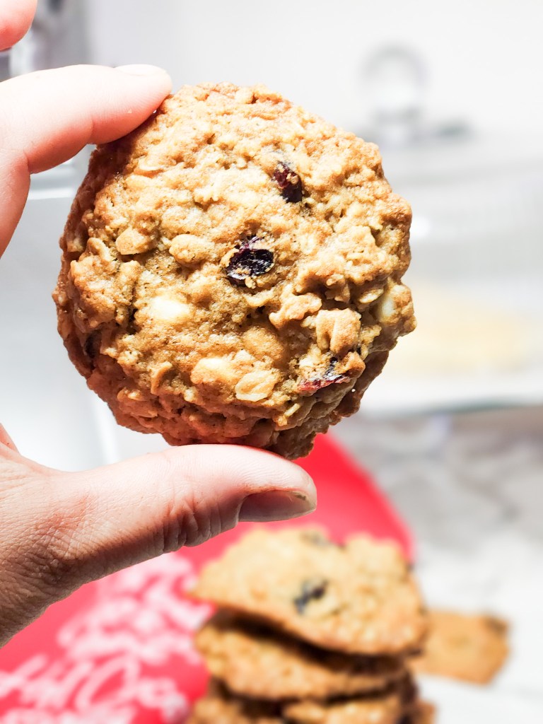 Cranberry White Chocolate Oatmeal Cookies are soft and chewy with dried cranberries, white chocolate chips and oatmeal.
