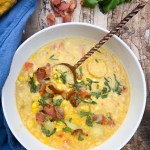 Corn chowder is creamy and bursting with bits of fresh corn, tender potatoes, cilantro and crispy bacon bits.