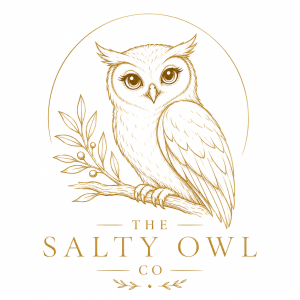 Line art illustration of an owl perched on a branch with leaves, featuring the text 'The Salty Owl Co' below.