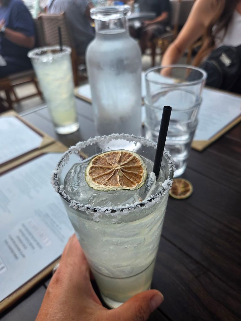 A glass of margarita with salt rim and dehydrated slice of lime