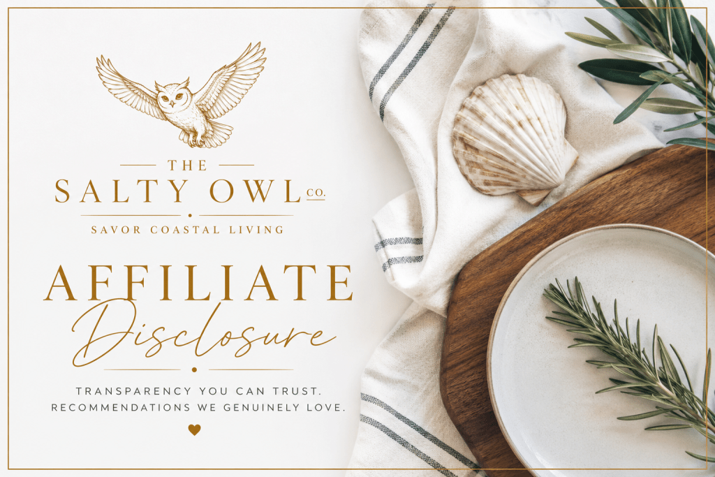 Shows the salty owl logo with the words affiliate disclosure next to a seashell and wooden bowl and rosemary