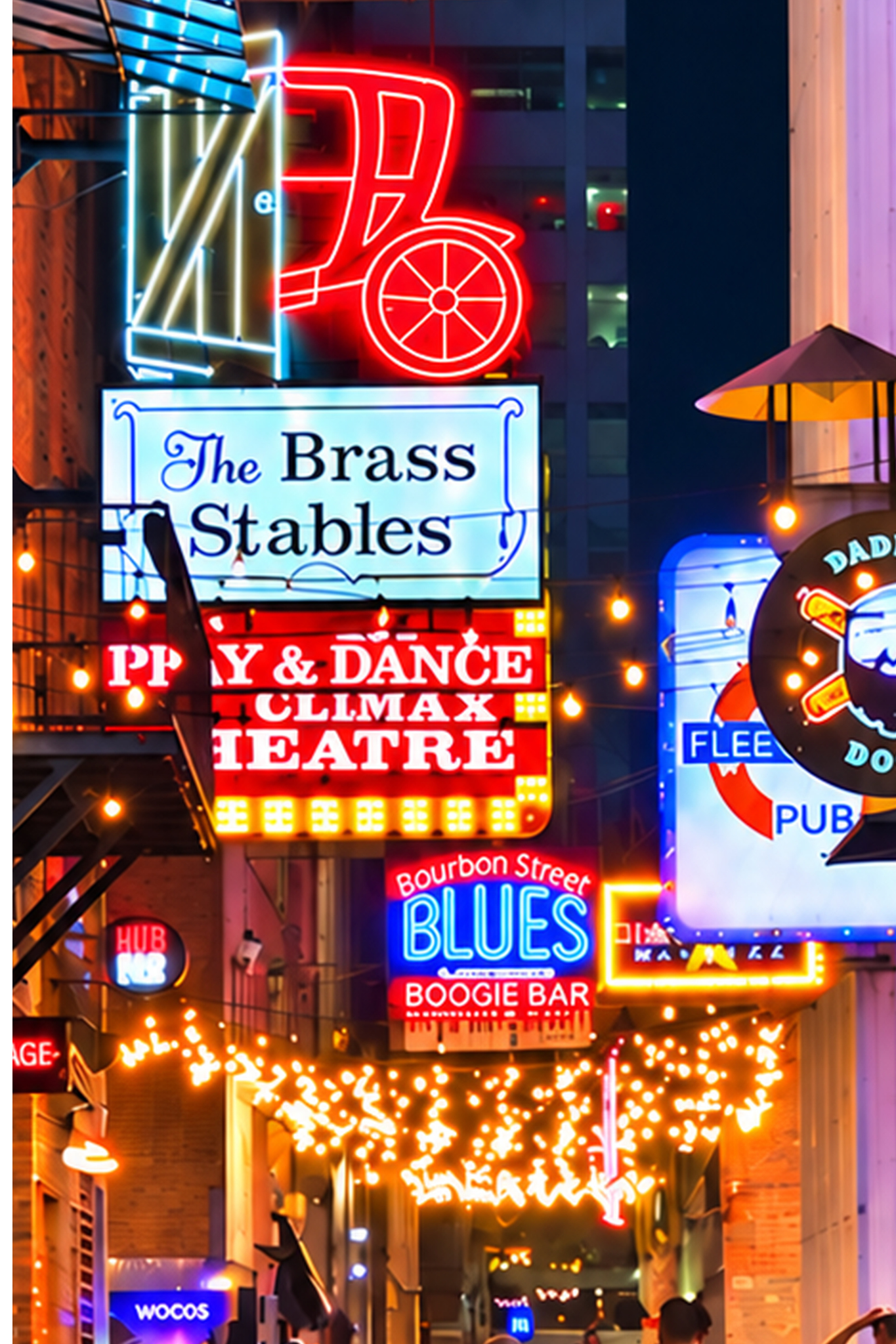 Close-up of colorful neon signs on the Printer’s Alley Nashville travel poster