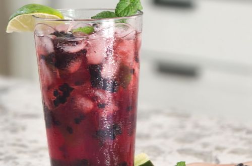 An ice filled glass of blackberry lime mojito with lime garnish and mint spring