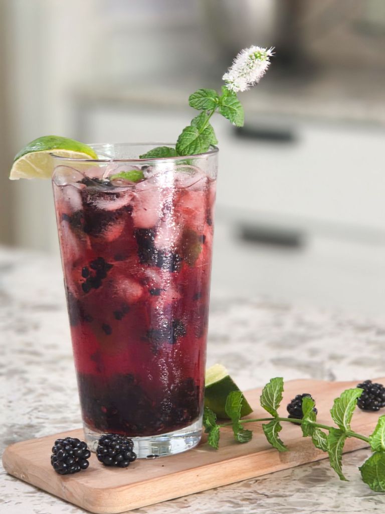 An ice filled glass of blackberry lime mojito with lime garnish and mint spring