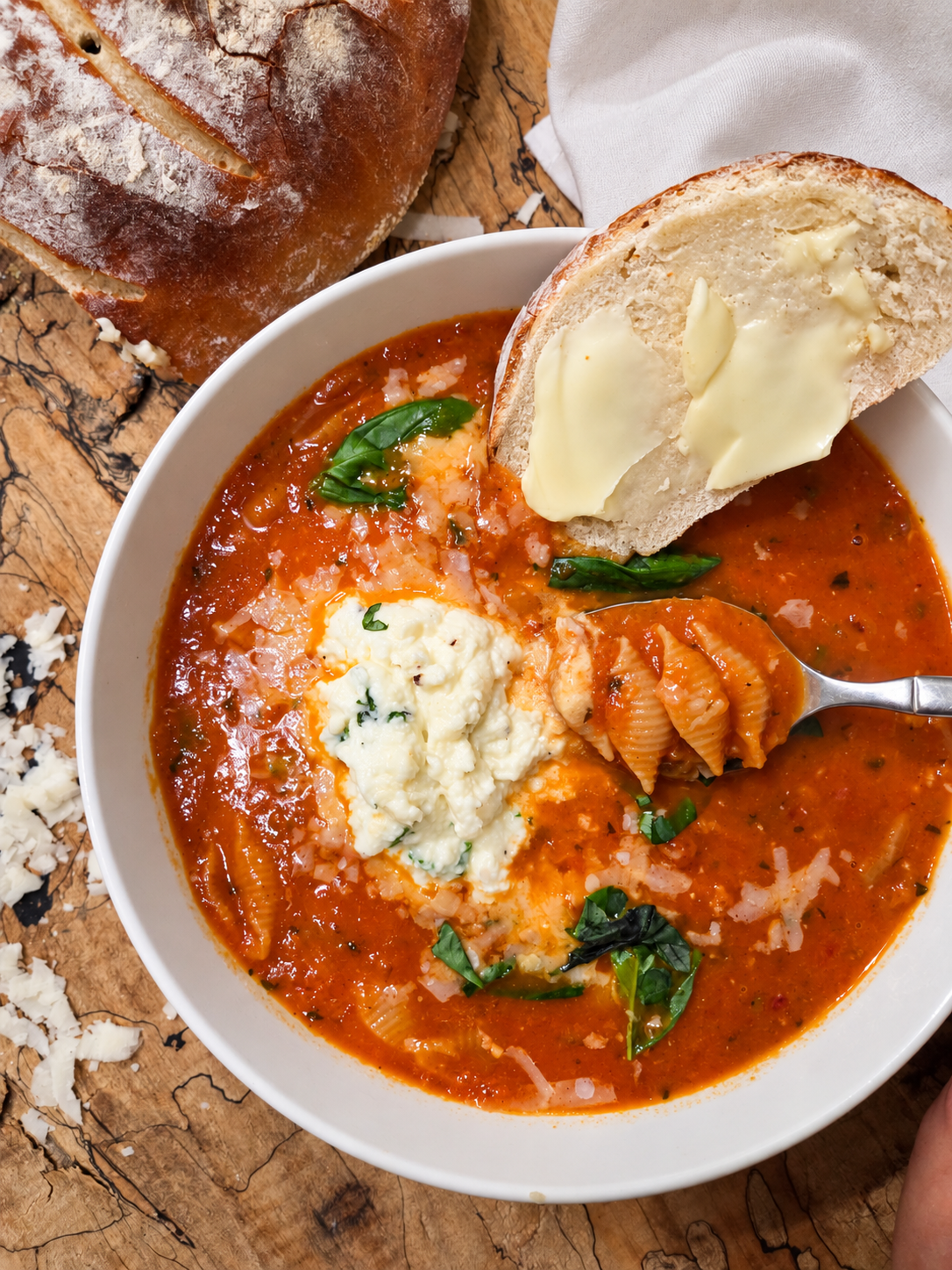 Bowl of creamy stuffed shell soup with herbed ricotta on top