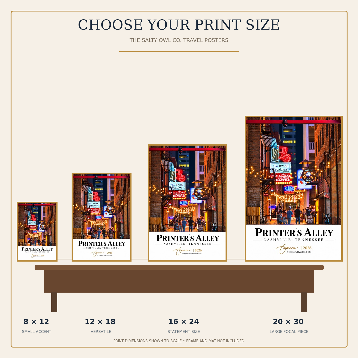 Travel poster size guide showing Printer’s Alley Nashville wall art in four available dimensions